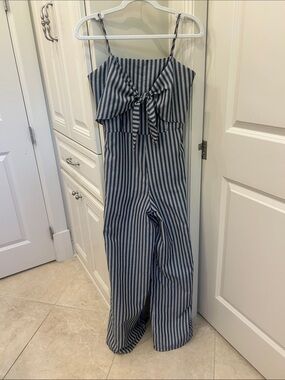 She + Sky Navy and White Striped Tie-Front Wide-Leg Jumpsuit